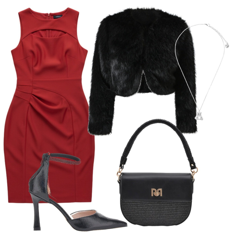Outfit donna - Abito rosso a febbraio. Stile Chic per Serata fuori. Abbinamento con blazer, vestiti a tubino, borse a spalla, ciondoli, décolleté.