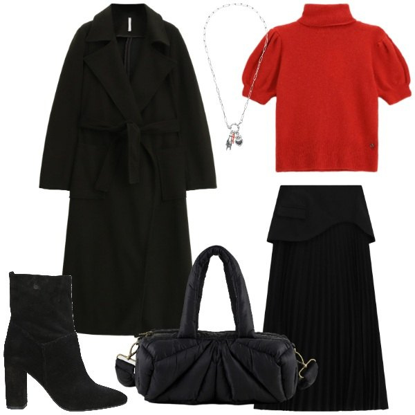 Outfit donna - Rosso passione. Stile Romantica per Serata fuori. Abbinamento con stivaletti, cappotti, gonne lunghe, maglieria, ciondoli, borse a mano.