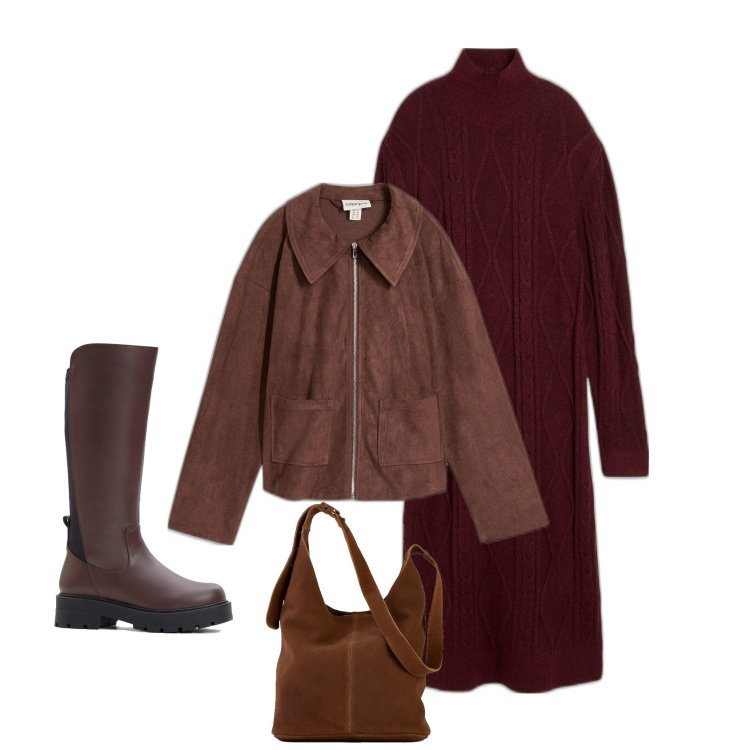Outfit femme - Robe pull bordeaux. Style Basique pour Tous les jours. Assortir avec robes longues, blazers, bottes, sacs en bandoulière.