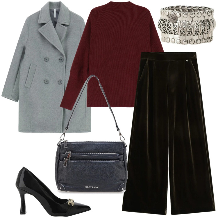 Outfit donna - Décolleté mania. Stile Minimal per Ufficio. Abbinamento con décolleté, cappotti, anelli, pantaloni a palazzo, maglieria, borse a spalla.