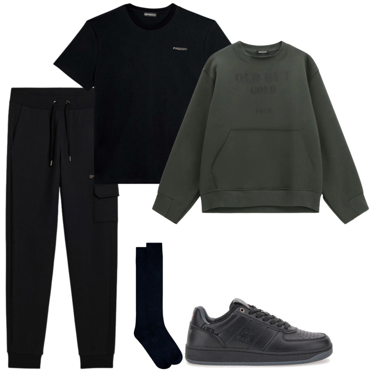 Outfit uomo - Domenica tranquilla. Stile Casual per Tutti i giorni. Abbinamento con felpe, pantaloni cargo, t-shirt, sneakers, calzini.