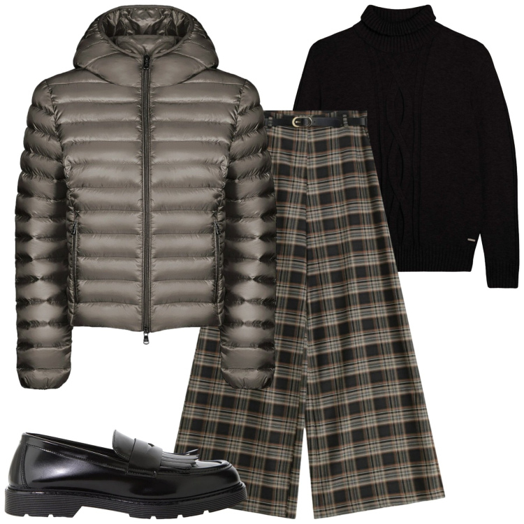 Outfit donna - Total look #2334218. Stile Sporty chic per Tutti i giorni. Abbinamento con pantaloni a palazzo, mocassini, maglieria, bomber.