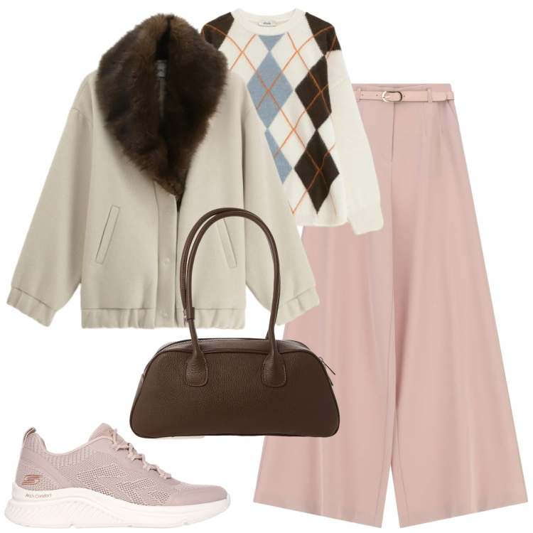 Outfit donna - Total look #2334221. Stile Casual chic per Tutti i giorni. Abbinamento con pantaloni a palazzo, borse a mano, cappotti, maglieria, sneakers.