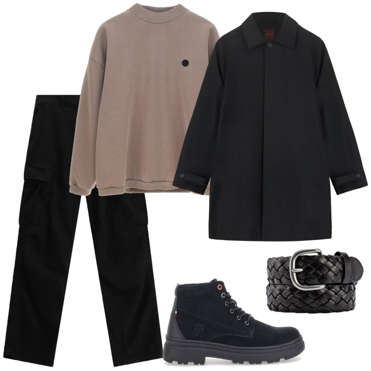 Outfit uomo - Total look #2334228. Stile Casual per Tutti i giorni. Abbinamento con pantaloni cargo, cinture, parka, felpe, stivali e stivaletti.