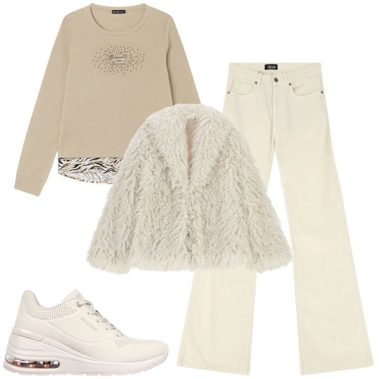 Outfit donna - Total look #2334241. Stile Casual chic per Tutti i giorni. Abbinamento con ecopellicce, jeans, felpe, sneakers.