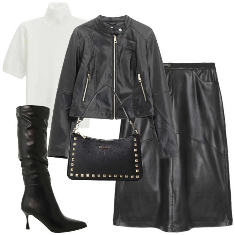 Outfit donna - City. Stile Trendy per Tutti i giorni. Abbinamento con giacche, stivali sopra il ginocchio, pochette, maglieria, gonne lunghe.