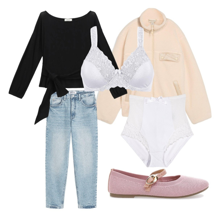 Outfit donna - Il mio stile. Stile Bon Ton per Ufficio. Abbinamento con jeans mom, reggiseni, culotte, caban, top, ballerine.