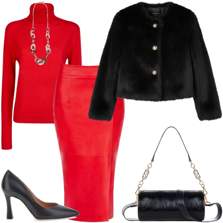 Outfit donna - Rossocuore a febbraio. Stile Chic per Serata fuori. Abbinamento con gonne longuette, borse a mano, ecopellicce, maglieria, décolleté, collane.