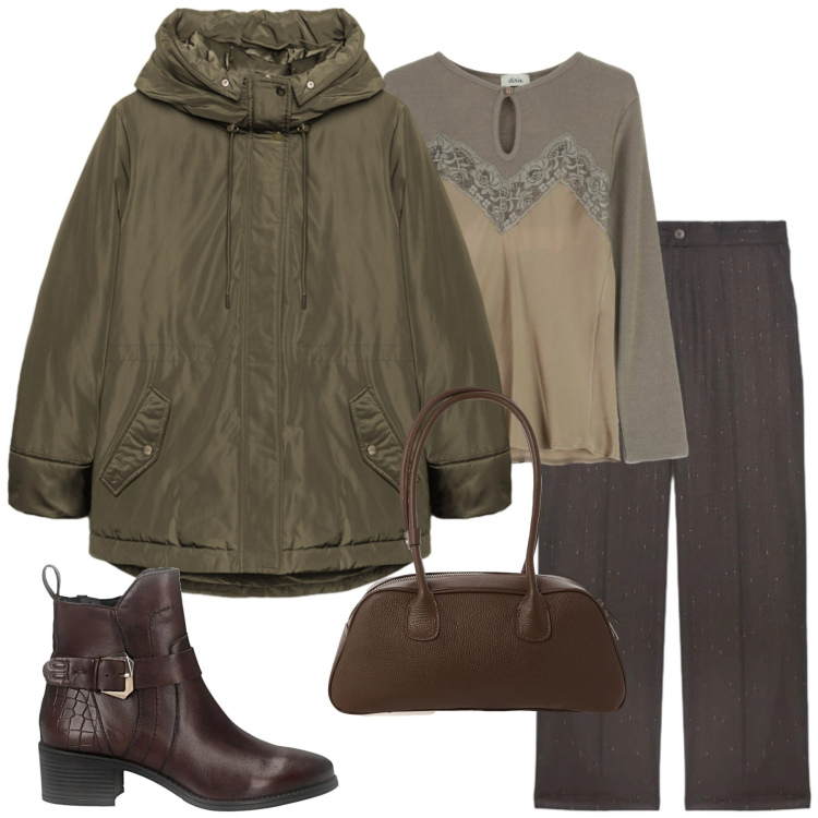 Outfit donna - Febbraio. Stile Urban per Tutti i giorni. Abbinamento con borse a mano, maglieria, stivaletti, eskimo, pantaloni.