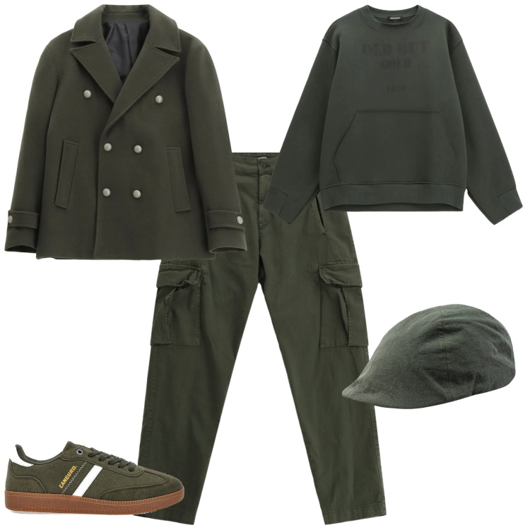 Outfit uomo - Trendy serata fuori. Stile Trendy per Serata speciale. Abbinamento con felpe, pantaloni cargo, cappotti, sneakers, cappelli con visiera.