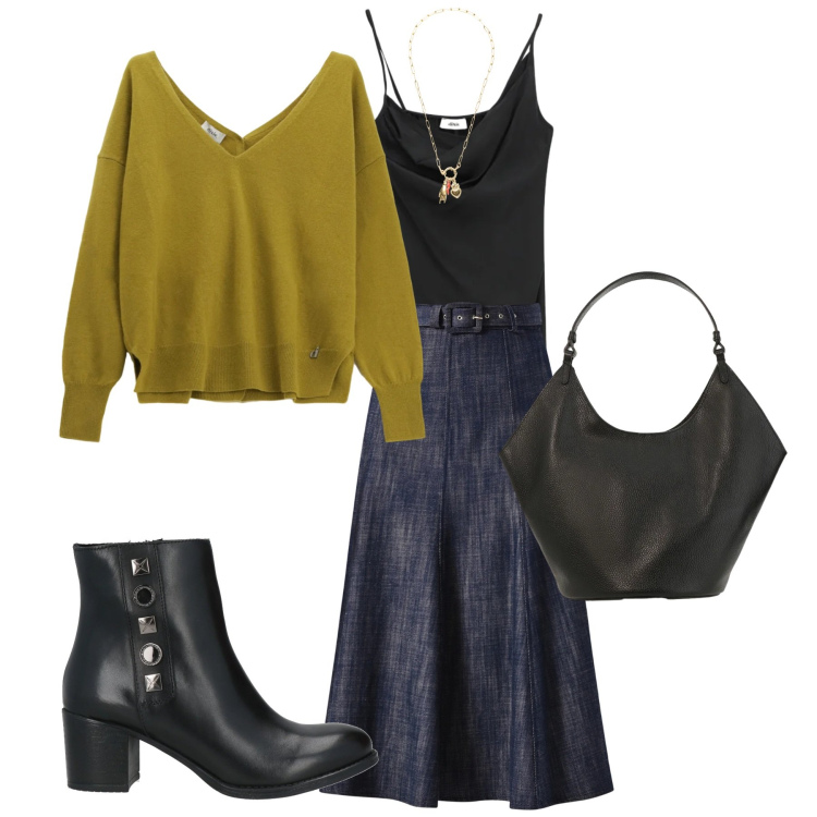 Outfit donna - Comodità e stile. Stile Casual chic per Tutti i giorni. Abbinamento con stivaletti, maglieria, borse a spalla, top, gonne longuette, ciondoli.