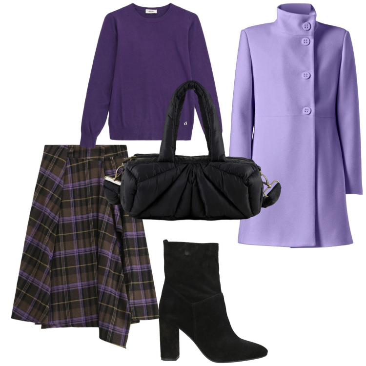 Outfit donna - Scozzese in viola. per Tutti i giorni. Abbinamento con stivaletti, gonne lunghe, maglieria, cappotti, borse a mano.