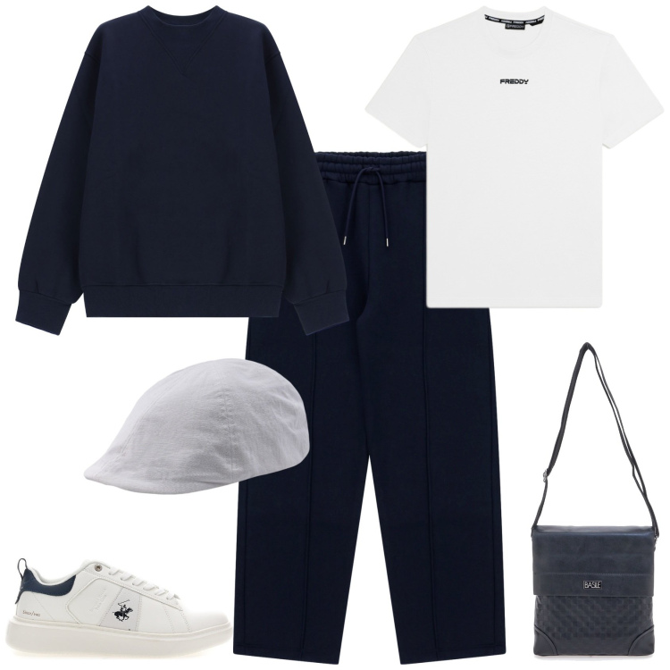 Outfit uomo - Trendy tempo libero sport. Stile Trendy per Tutti i giorni. Abbinamento con pantaloni, felpe, t-shirt, cappelli con visiera, sneakers, borse sportive.