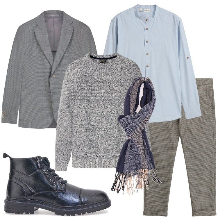 Outfit uomo - Tonalità fredde. Stile Casual per Ufficio. Abbinamento con maglieria, camicie, pantaloni, anfibi, sciarpe, giacche.