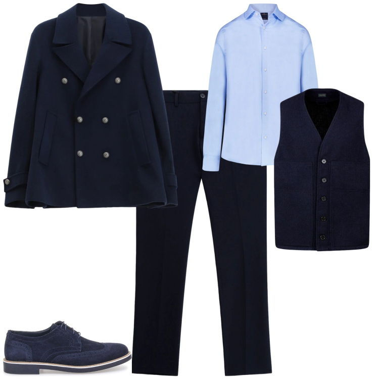 Outfit uomo - Eleganza per ufficio week end. Stile Business/Elegante per Ufficio. Abbinamento con pantaloni, cappotti, camicie, scarpe stringate, gilet.