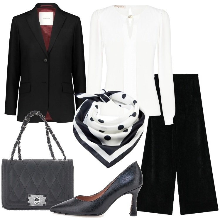 Outfit donna - Classica. Stile Chic per Cerimonia. Abbinamento con foulard, pantaloni, bluse, borse a tracolla, décolleté, blazer.