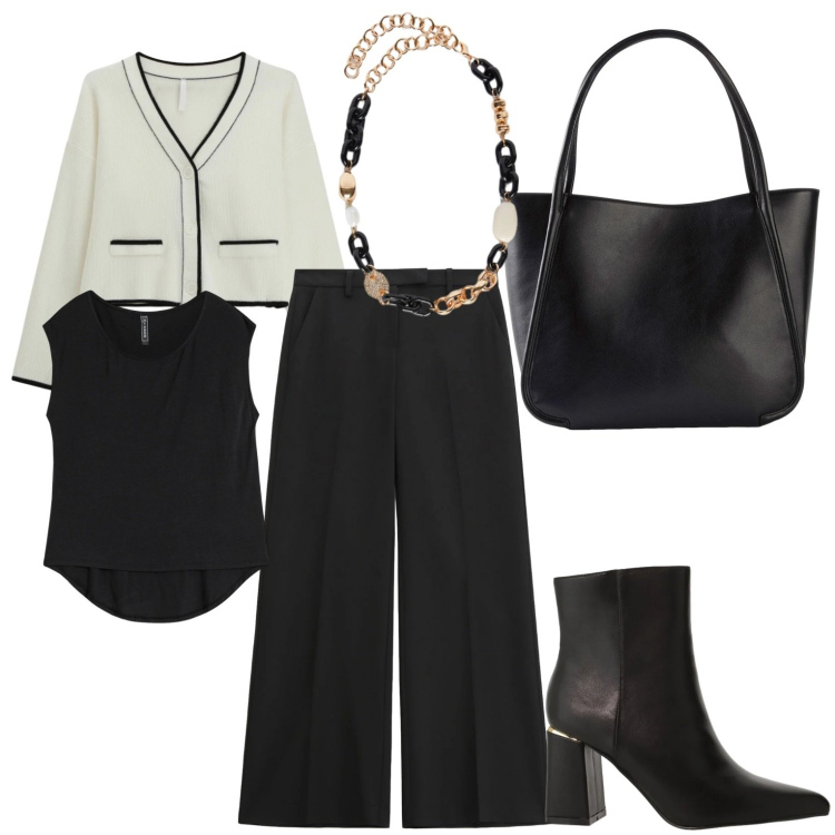 Outfit donna - Ufficio con stile. Stile Casual chic per Ufficio. Abbinamento con maglieria, shopping bag, pantaloni, cardigans, stivaletti, collane.