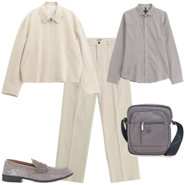 Outfit uomo - Trendy ufficio week end. Stile Trendy per Tutti i giorni. Abbinamento con cappotti, pantaloni, camicie, scarpe stringate, borse sportive.