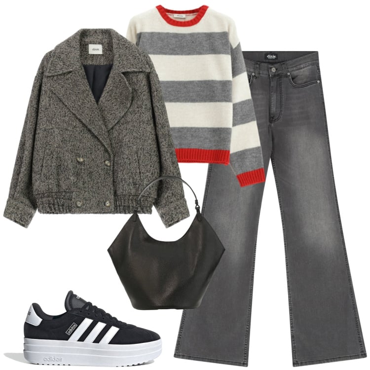 Outfit donna - Febbraio. Stile Casual per Tutti i giorni. Abbinamento con maglieria, jeans a zampa, cappotti, borse a spalla, sneakers.