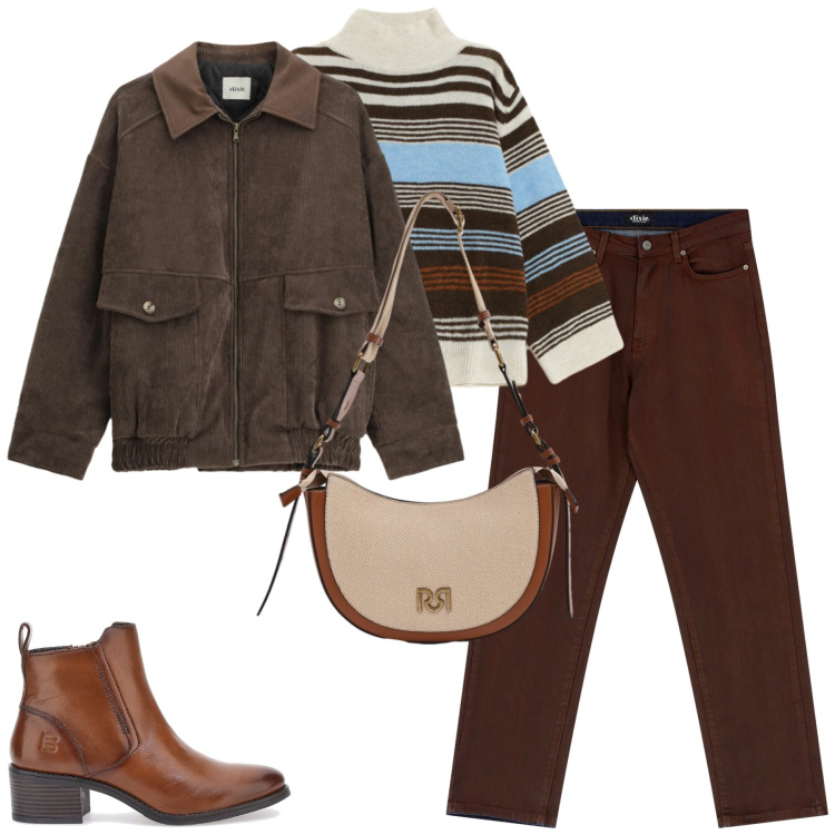 Outfit donna - La maglia fantasia. Stile Casual per Tutti i giorni. Abbinamento con bomber, pantaloni, maglieria, borse a tracolla, stivaletti.