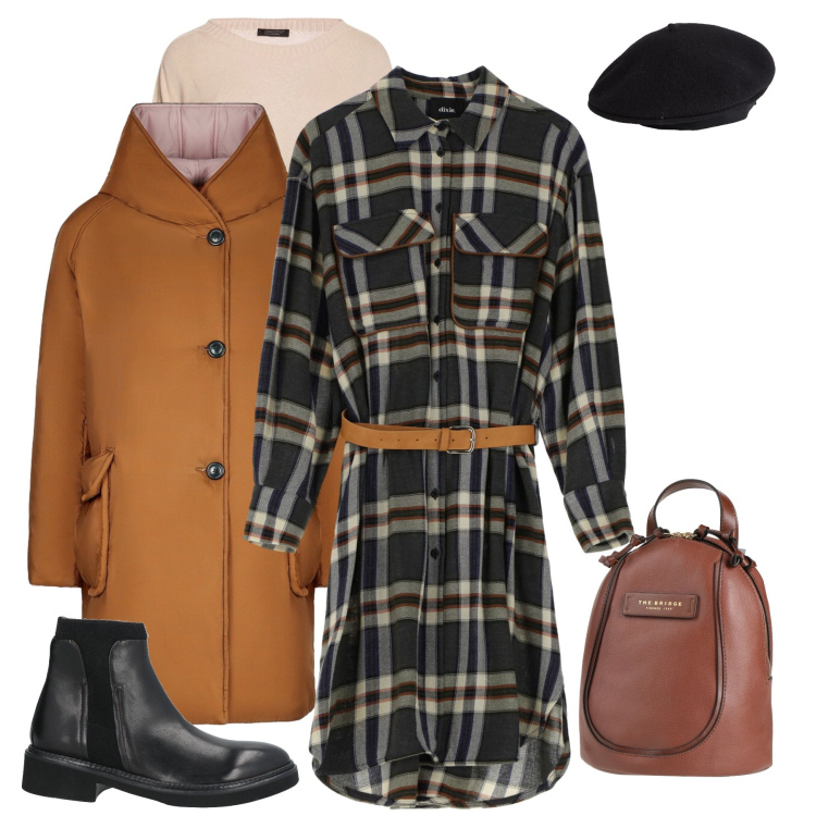 Outfit donna - British Heritage. Stile Urban per Tutti i giorni. Abbinamento con cappelli e berretti, pullovers, stivaletti chelsea, zaini, vestiti midi/longuette, cappotti.