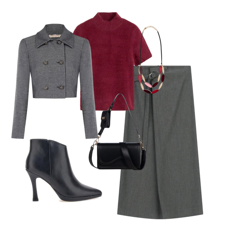 Outfit donna - Cool. Stile Casual chic per Ufficio. Abbinamento con maglieria, gonne lunghe, blazer, pochette, collane, stivaletti.