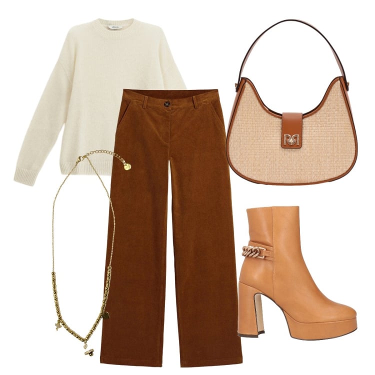 Outfit donna - Spirito retro’. Stile Etnico per Ufficio. Abbinamento con pantaloni, stivaletti, maglieria, borse a spalla, ciondoli.