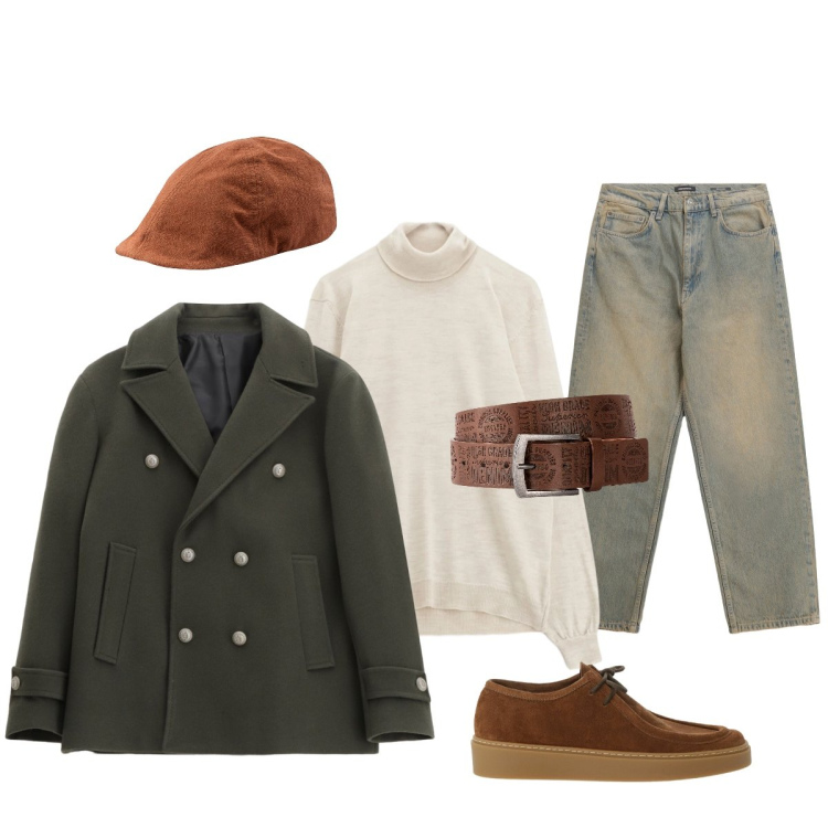 Outfit uomo - Per le vie del centro. Stile Trendy per Tutti i giorni. Abbinamento con cinture, jeans, maglieria, scarpe stringate, cappotti, cappelli con visiera.