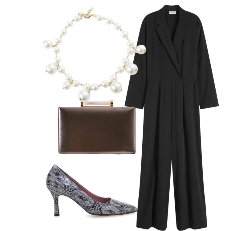 Outfit donna - Glam Chic. Stile Chic per Serata fuori. Abbinamento con tute, collane, clutch, décolleté.