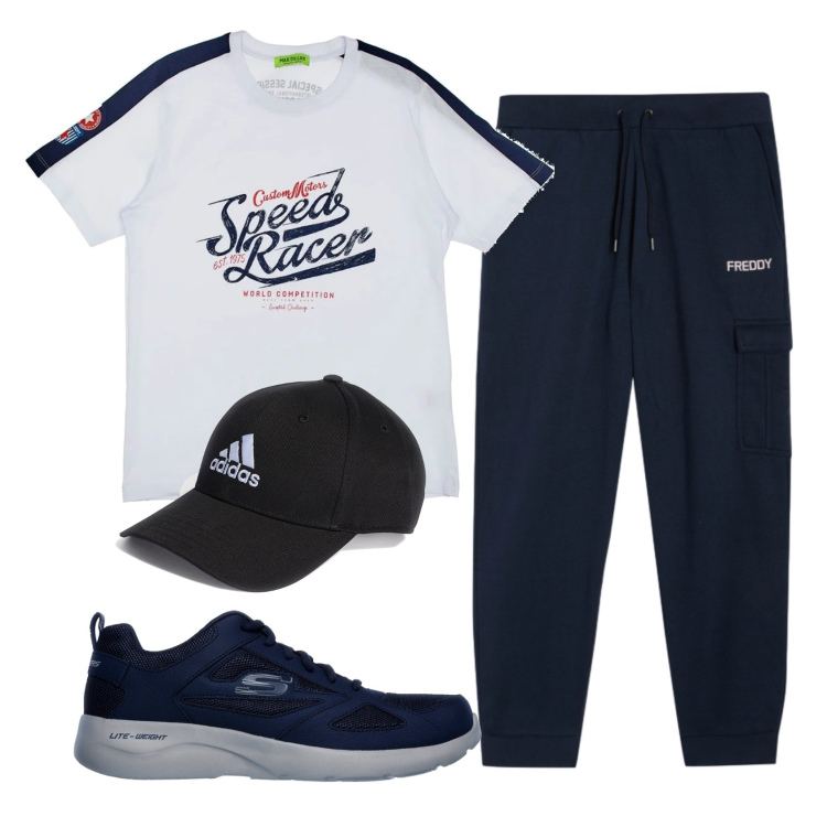 Outfit uomo - Total look #2334335. Stile Casual per Sport. Abbinamento con pantaloni cargo, t-shirt, sneakers, cappelli con visiera.