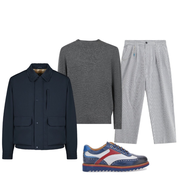 Outfit uomo - Senza impegno. Stile Trendy per Tutti i giorni. Abbinamento con pantaloni, piumini, scarpe stringate, maglieria.