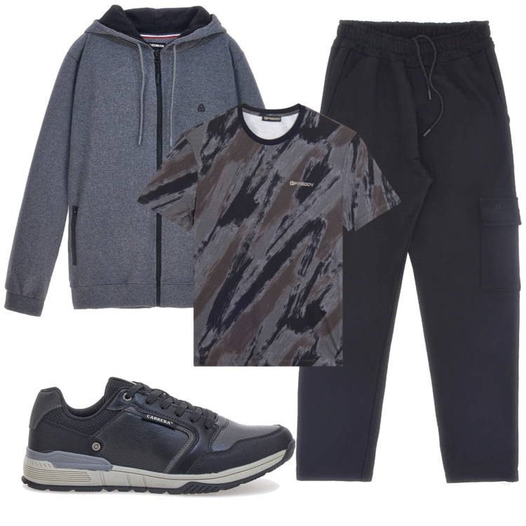 Outfit uomo - Total look #2334341. Stile Casual per Sport. Abbinamento con t-shirt, felpe con cappuccio, pantaloni cargo, sneakers.