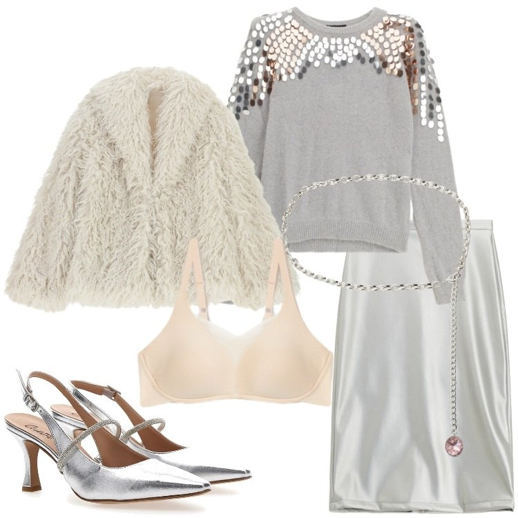 Outfit donna - Una serata brillante. Stile Glamour per Serata fuori. Abbinamento con ecopellicce, pullovers, cinture, gonne longuette, décolleté, reggiseni.