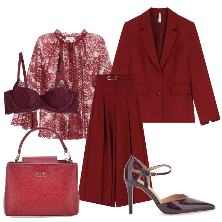 Outfit donna - Total look Rosso passione. Stile Chic per Serata fuori. Abbinamento con reggiseni, pantaloni, blazer, camicie, décolleté, borse a mano.