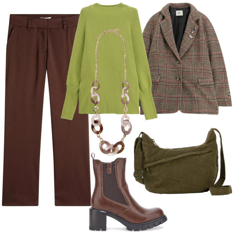 Outfit donna - British chic. Stile Casual chic per Tutti i giorni. Abbinamento con borse a tracolla, pantaloni, blazer, maglieria, stivaletti, collane.