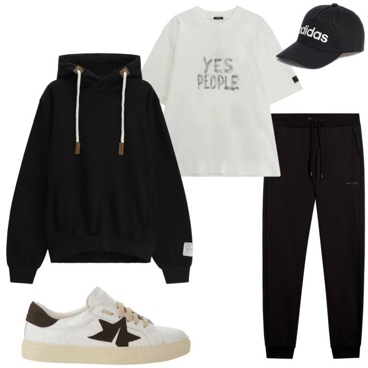 Outfit uomo - Weekend di febbraio. Stile Casual per Tutti i giorni. Abbinamento con felpe con cappuccio, sneakers, t-shirt, pantaloni, cappelli.