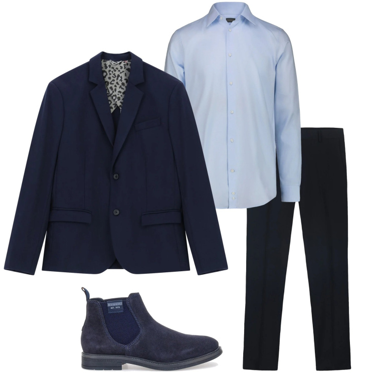 Outfit uomo - Tonalità fredde. Stile Business/Elegante per Ufficio. Abbinamento con giacche, stivali e stivaletti, camicie, pantaloni.