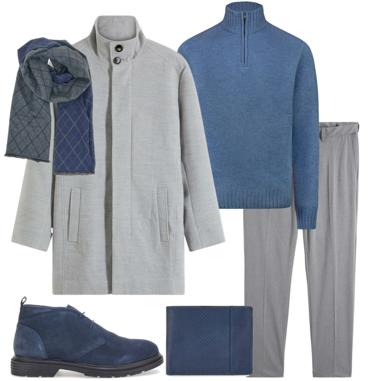 Outfit uomo - Tonalità fredde. Stile Urban per Ufficio. Abbinamento con cappotti, pantaloni, portafogli, scarpe stringate, sciarpe, maglieria.