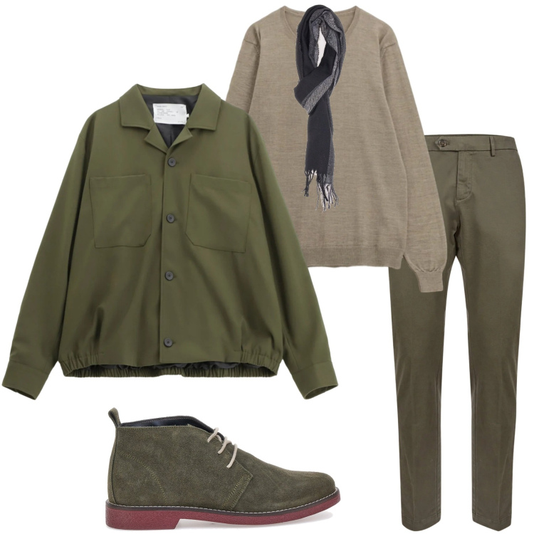 Outfit uomo - Serata informale. Stile Urban per Tutti i giorni. Abbinamento con cappotti, maglieria, pantaloni chino, sciarpe, stivali e stivaletti.