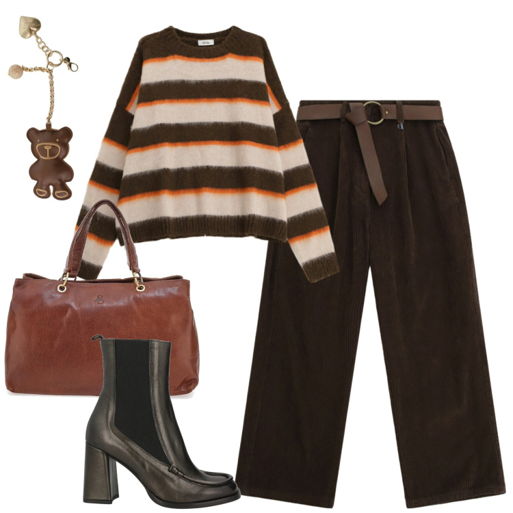 Outfit donna - Martedì. Stile Casual chic per Tutti i giorni. Abbinamento con stivaletti chelsea, pantaloni a palazzo, portachiavi, maglieria, borse a tracolla.