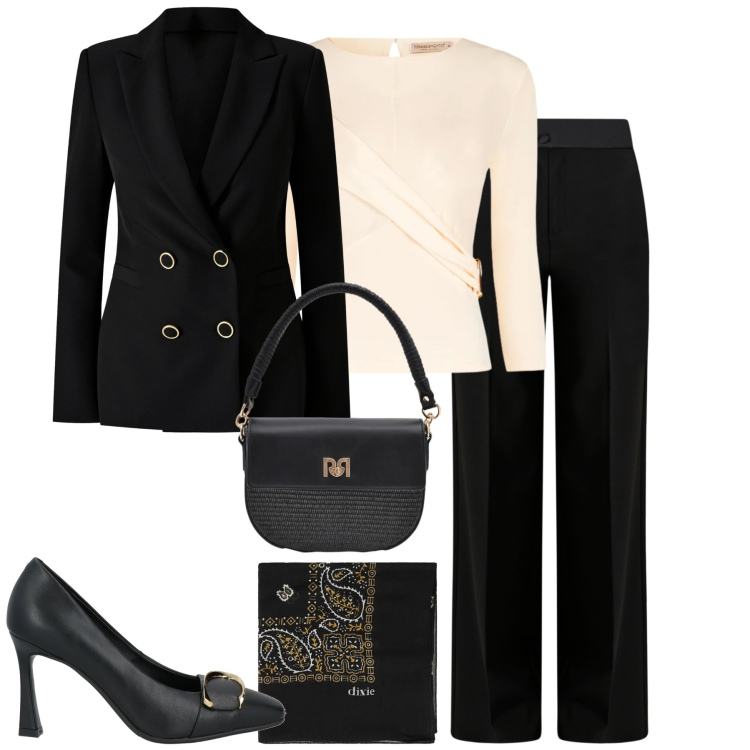 Outfit donna - Rinascimento. Stile Chic per Tutti i giorni. Abbinamento con décolleté, foulard, pantaloni a palazzo, blazer, borse a spalla, bluse.