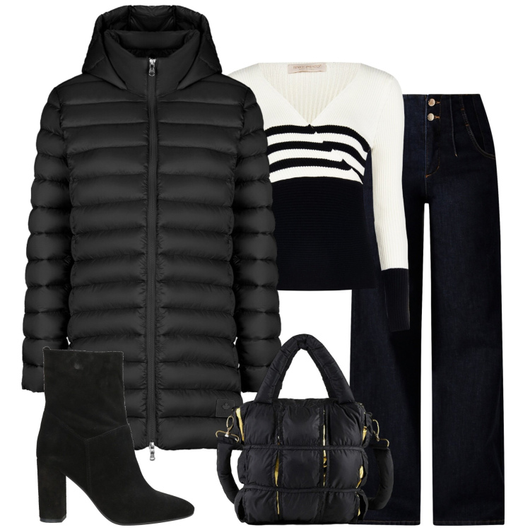 Outfit donna - City. Stile Casual chic per Tutti i giorni. Abbinamento con stivaletti, jeans, pullovers, borse a mano, piumini.