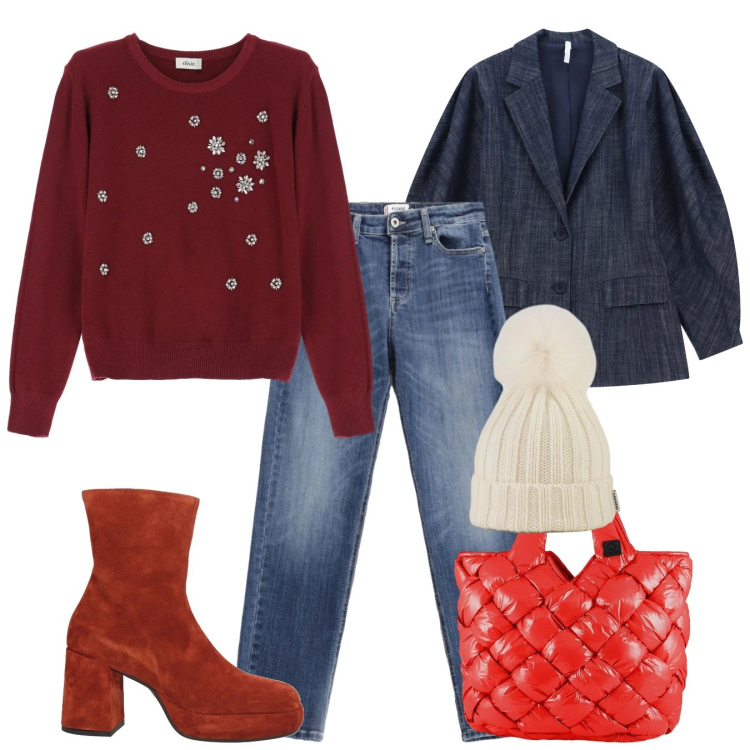 Outfit donna - Total look #2334394. Stile Bon Ton per Tutti i giorni. Abbinamento con stivaletti, blazer, maglieria, jeans, borse tote, berretti.