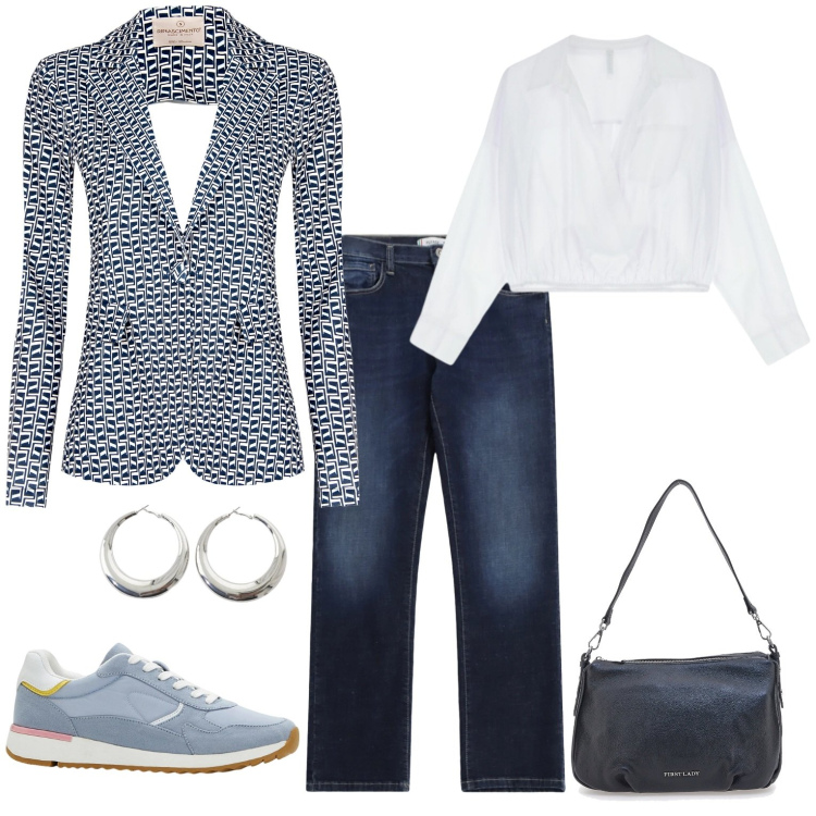 Outfit donna - Casual metropolitano. Stile Casual per Tutti i giorni. Abbinamento con sneakers, camicie, orecchini, blazer, jeans dritti, borse a spalla.