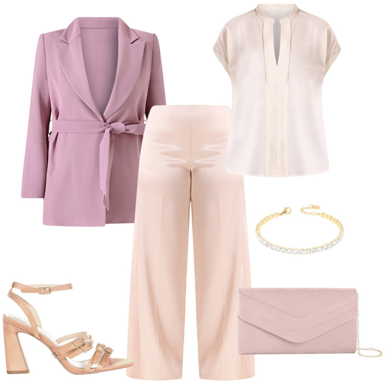 Outfit donna - Sweet. Stile Casual chic per Serata fuori. Abbinamento con pochette, blazer, pantaloni a palazzo, sandali col tacco, bluse, braccialetti.