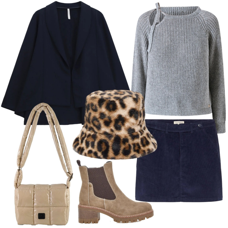 Outfit donna - Un tocco di animalier. Stile Minimal per Tutti i giorni. Abbinamento con minigonne, blazer, maglieria, borse a spalla, stivaletti chelsea, cappelli.