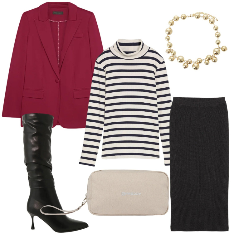 Outfit donna - T-shirt parigina. Stile Trendy per Tutti i giorni. Abbinamento con maglieria, gonne, stivali sopra il ginocchio, collane, valigie, blazer.