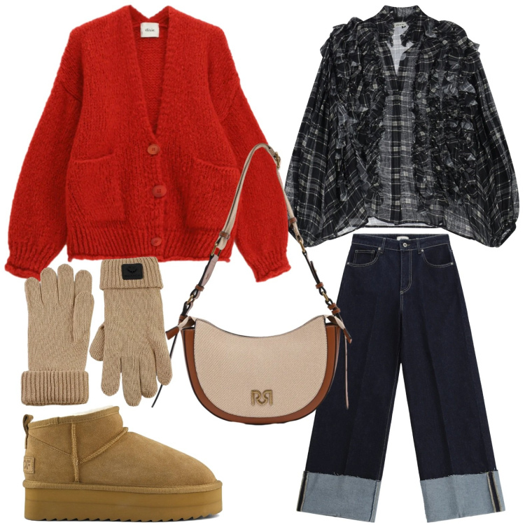 Outfit donna - Il cardigan energetico. Stile Casual chic per Tutti i giorni. Abbinamento con jeans, camicie, cardigans, borse a tracolla, guanti, stivaletti.