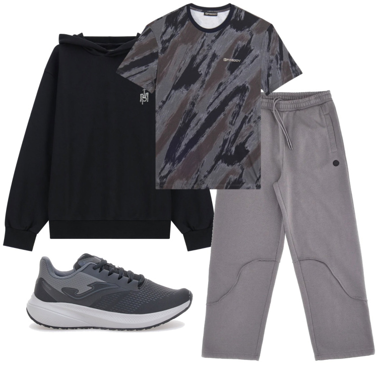 Outfit uomo - Total look #2334432. Stile Casual per Sport. Abbinamento con felpe con cappuccio, t-shirt, sneakers, pantaloni.