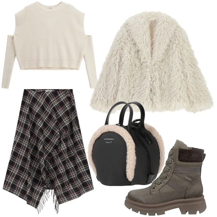 Outfit donna - Country e romantica. Stile Basic per Tutti i giorni. Abbinamento con zaini, ecopellicce, gonne lunghe, maglieria, anfibi.